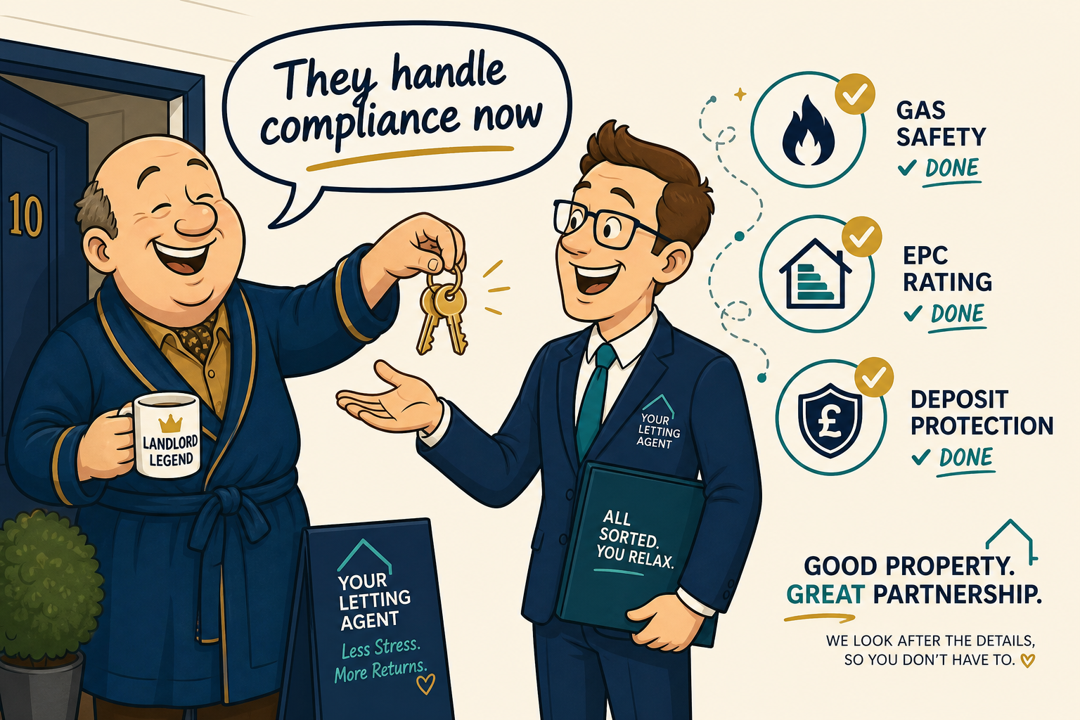 Happy landlord handing keys to letting agent with compliance checkmarks