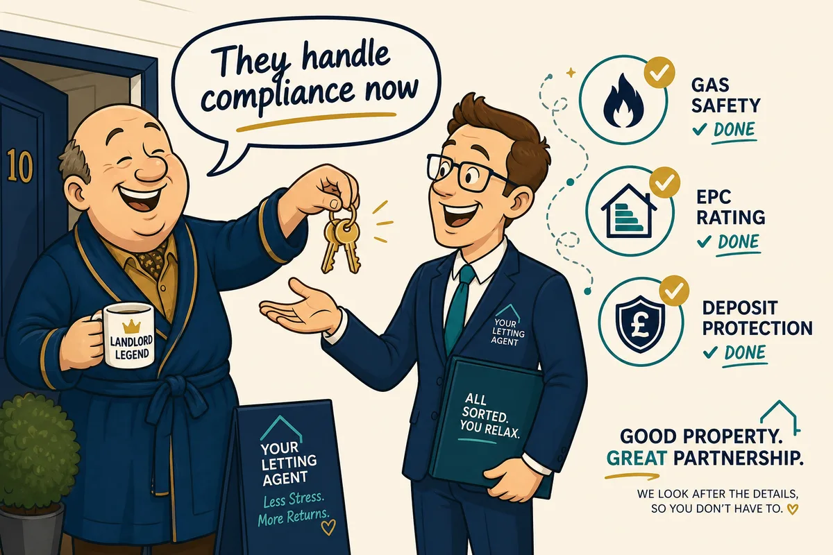 Happy landlord handing keys to letting agent with compliance checkmarks