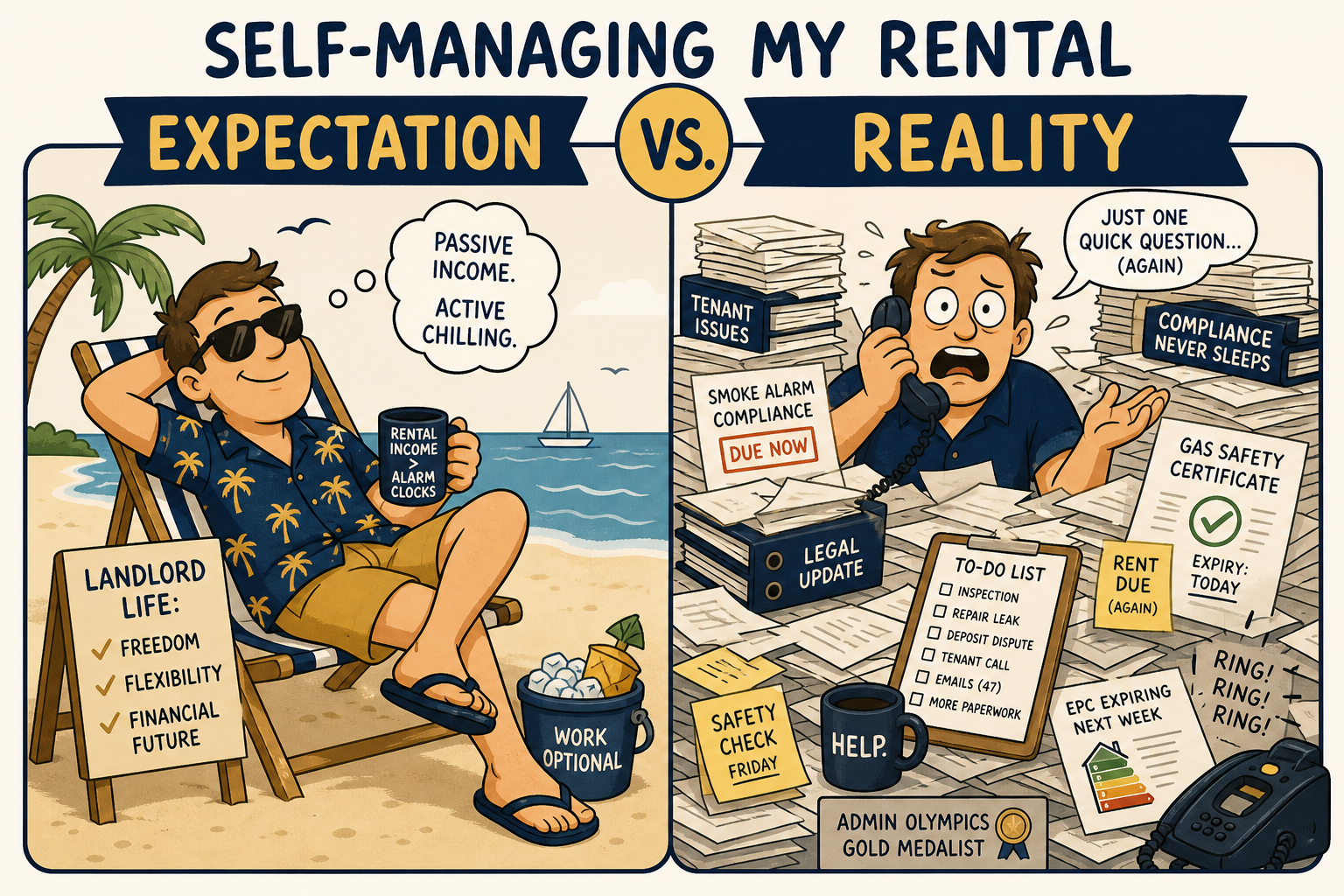 Split panel meme showing relaxed landlord on beach vs drowning in paperwork