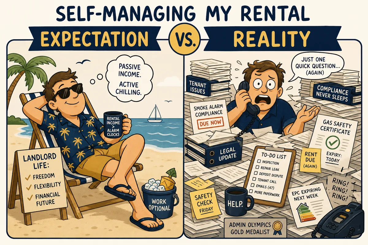 Split panel meme showing relaxed landlord on beach vs drowning in paperwork