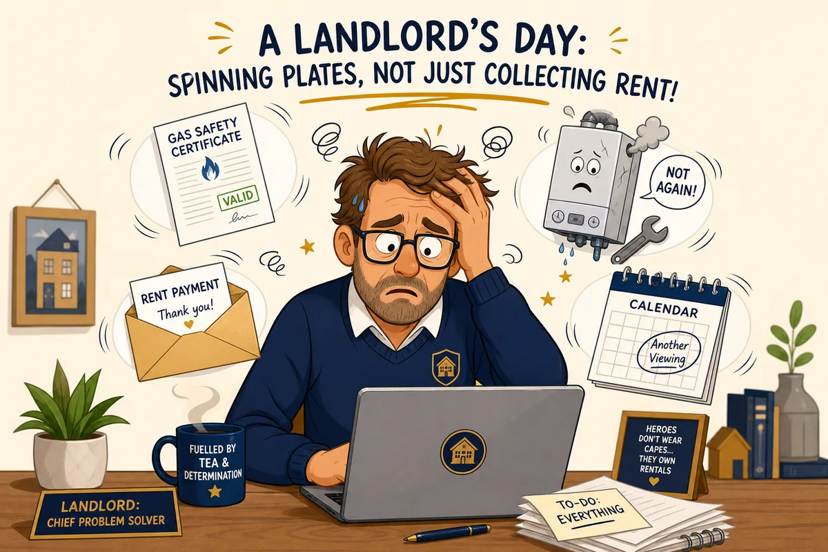 Stressed landlord surrounded by gas certificates and maintenance issues
